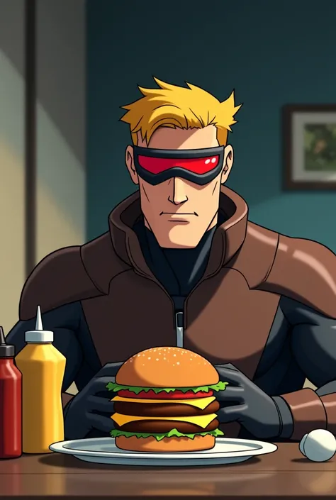 Scott Summers from the animated series X-man with his horizontal glasses and red-colored lenses is eating a hamburger and is looking at mustard, ketchup and soy sauce that are on the table .