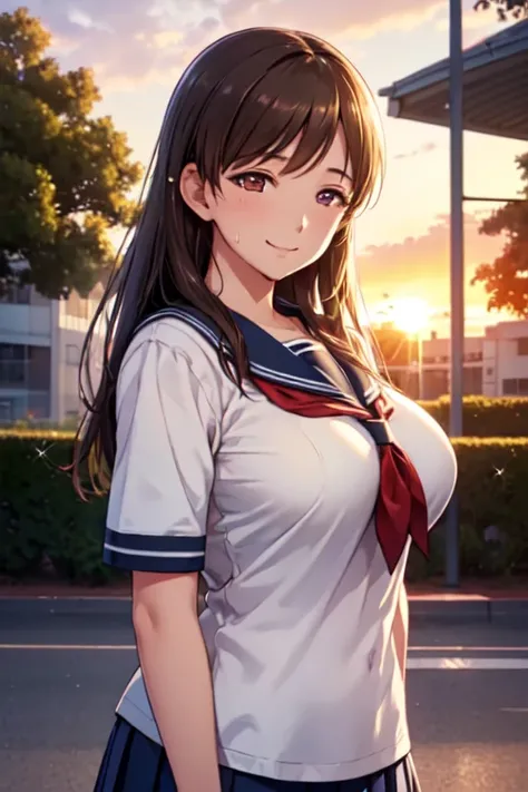 ( High Quality ,  high definition ,  details, Realistic), campus,  evening , The sunset is shining, Alone,  school uniform, woman,  tilting your head , Sparkling Eyes,  detail eyes off the shoulder, smile, ,  Big Breasts , sweat,  oily skin ,  Shallow Dept...