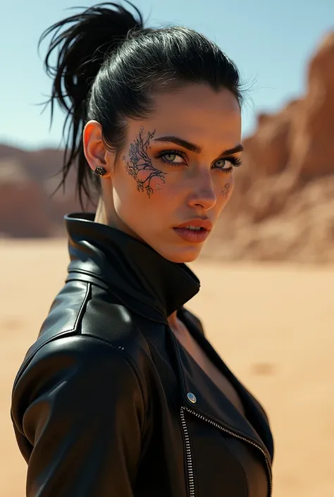 high quality 34 year old woman with black hair in a bun, dressed in all black leathers , general, in the desert, sharp face features and many scars dark blue to purple piercing eyes bitch face