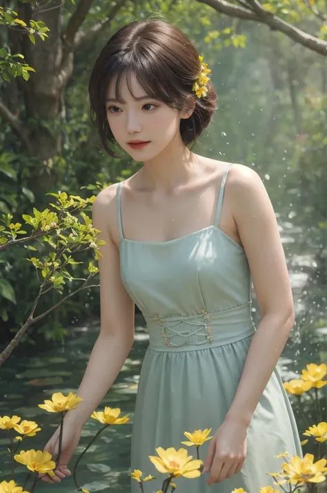 1girl,  solo , Advanced sense ,
garden, Colorful flowers , have many scattered glowing petals ,  hidden in light yellow flowers ,Depth of Field,Many flying water droplets , Many scattered leaves ,Branches ,[Role , contour deepened ,cinematic [Role,
Upper b...