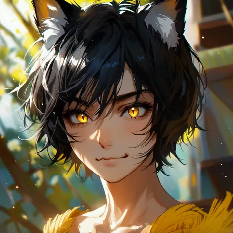  short hair, fringe,  black cabello,  Animal ears,  Closed mouth ,  yellow eyes,  Cat Ears,  High resolution, smile,  Frowns,  simple background ,  animated, 