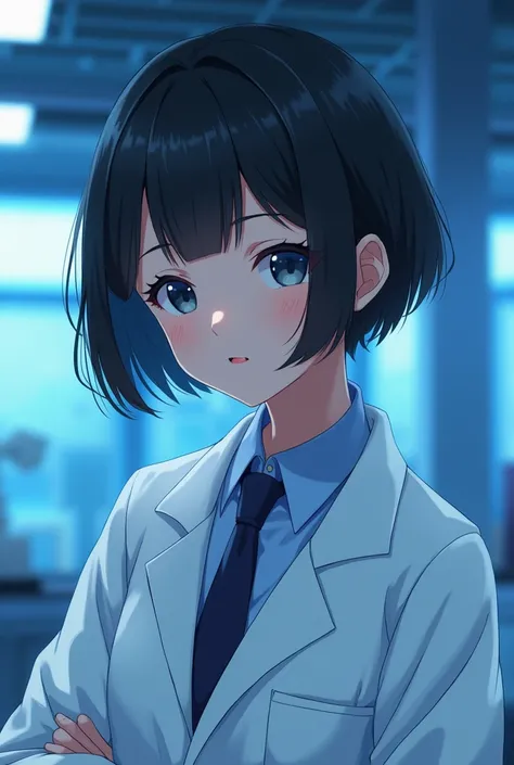  1 girl　(  Detailed Rendering in Epirealism Semi Anime Style)　(Women Scientists)　(20th Generation)　( cute face)　( black short hair )　 (White Lab Coat)　 ( Shots in Professional Outfit )　(Masterpiece quality)　(Blue lighting)