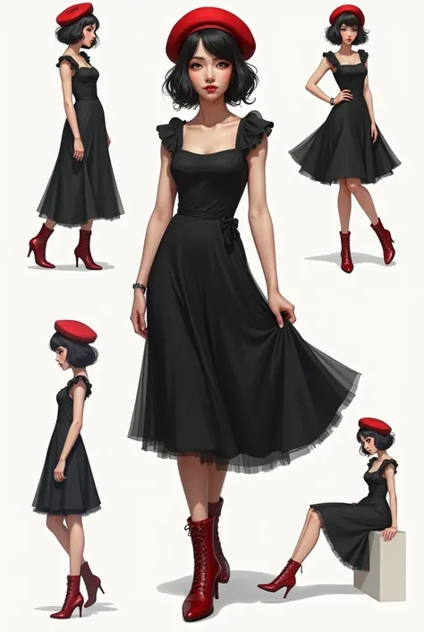 Draw a girl in a long black dress and red beret and boots in different drawing styles 


