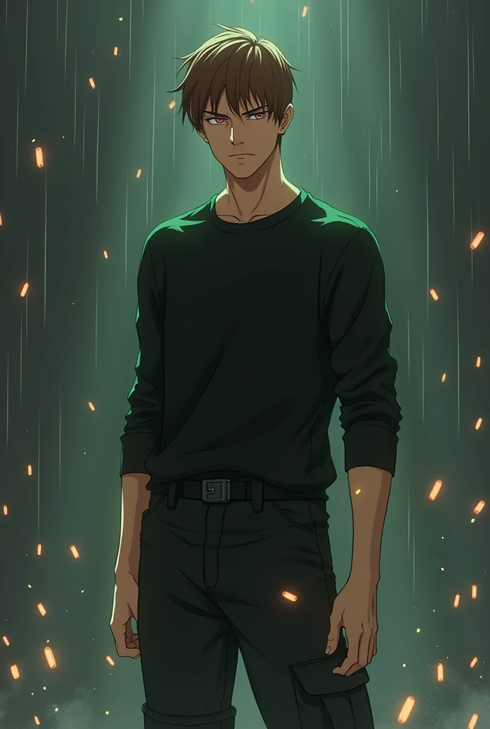 In a grainy shadowy background of grey, splashed with small pills raining down in the glowing color of rose-gold, anime style. A male with peach skin sports a black tactical long sleeve shirt and black cargo pants. Although he has a very dire demeanor, his...