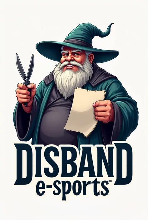 Make a team logo with the letters  "Disband E-Sports"  with a large, fat male character in the background wearing wizard clothes and holding scissors and paper
