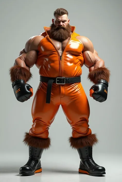  Realistic brown-haired man , with arms out and furry with an English punch in the hand , big beard,  wearing an orange latex uniform and black boots with orange details, full body image and light gray background of image  