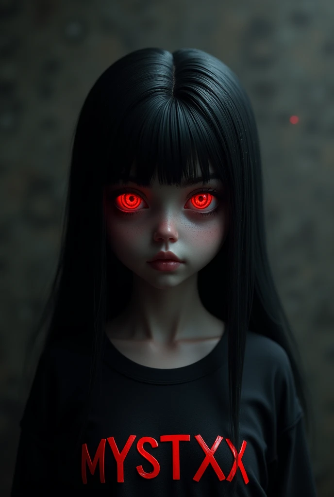 3d girl with evil red eyes , on her black shirt written "mystxx" with red letters