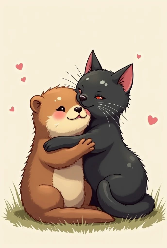 Make an otter hugging a black cat ,  both of you to see that they are males , both the male otter ,  and the black cat that is male .  but with a drawing style that looks digital and handmade, trata de hacerlo más cartoonish si se puede característica de a...