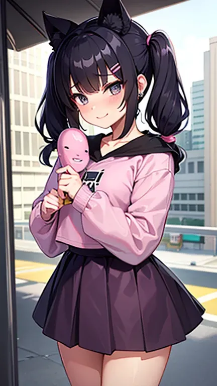 (8k、 Max Image、  best quality 、  Masterpiece )、 detailed face 、 one girl、 black hair、(( twin tails))、 Short Bang 、 shorthair、 wavy hair、  Grey Eyes 、 earrings for a woman alone、wicked smile、Green、 mask _Pull、Super large 、(( pink clothes ))、 black mini skir...