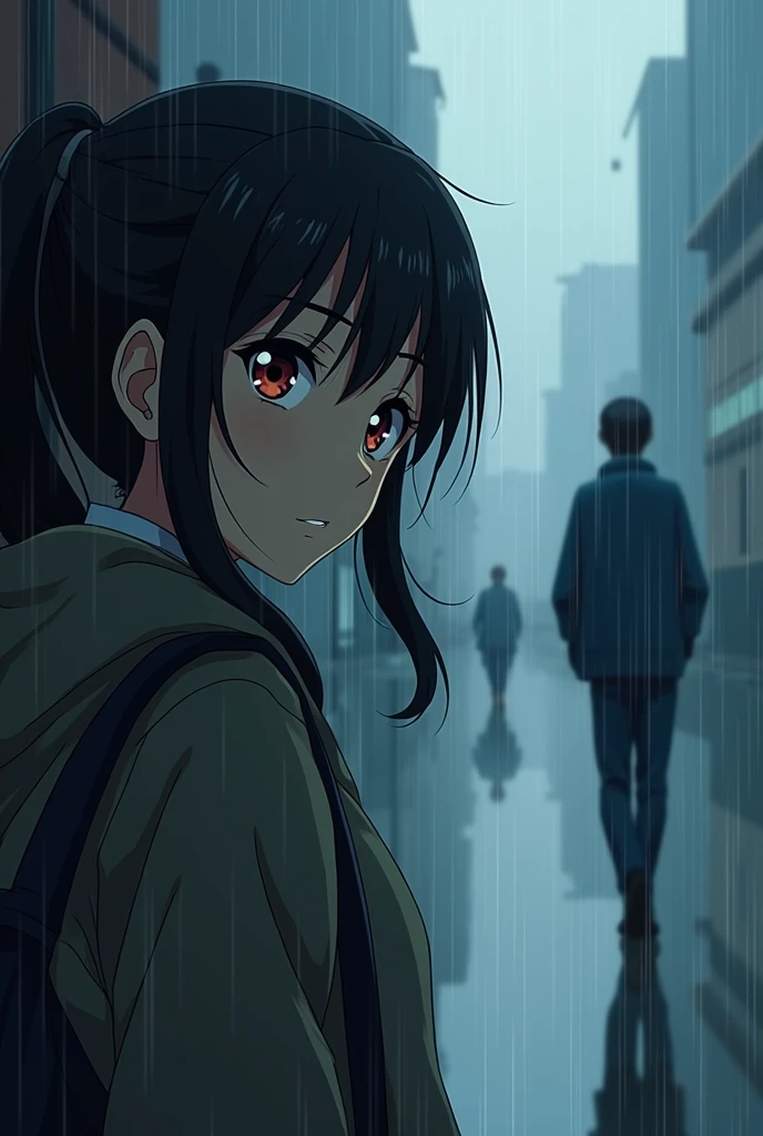 Woman looking at man walking away in the rain, created into an anime figure

