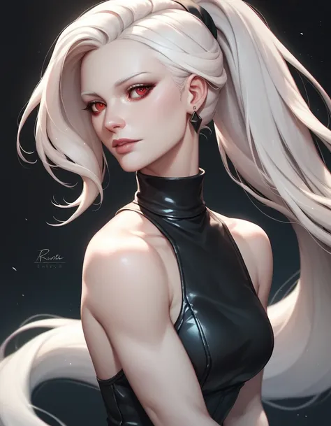 female black sleeveless leather turtleneck, bare shoulders, racerback, bare toned arms, beautiful faces, black ponytail with showing forehead, long ponytail, black earrings, soft smooth skin, albino skin, black background, red eyes, sci-fi, stark contrast