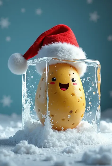 potato in ice cube with santa claus hat