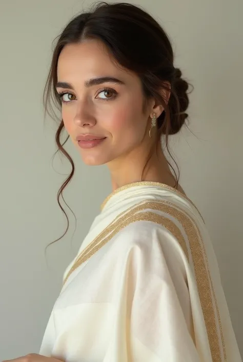 Lily Collins in white kasavu saree.