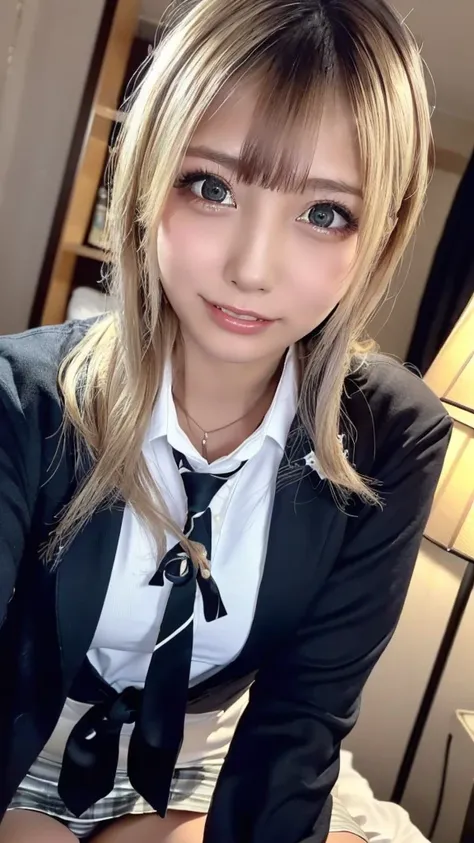 ((masterpiece,  best quality,  high definition ,  Ultra High Definition)),  Japanese Gal ,(Realistic:1.4)、 smiles、Embarrassed、 Amazing Face 、Pointed Mouth、 closes her mouth、Glossy Lips 、 Long Hair,(Beautiful blonde:1.5)、 high school uniform ,(Black blazer,...