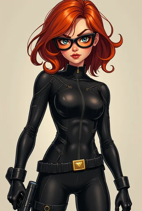 Chiquinha black widow:  Chiquinha as Black Widow ,  wearing the iconic black jumpsuit with touches of orange, representing her glasses .  She carries gadgets and poses as a spy ,  but with the angry and funny attitude .