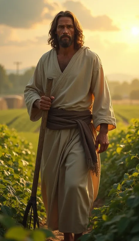 Jesus Christ working on a farm, he has a hoe weeding