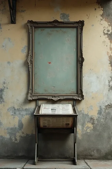 Wall with a newspaper rack and a central frame from the time of the military dictatorship 