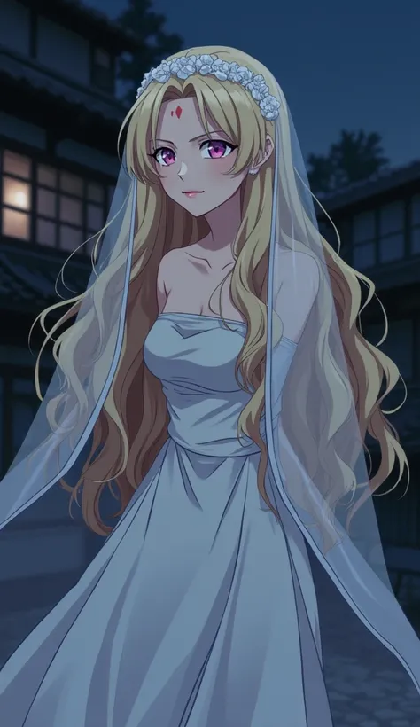 an adult woman, Demon Slayer anime style, seen from afar and from the side , with long wavy golden hair ,  with a white bridal veil covering even her pink eyes , lips painted with lip gloss ,  with a serious expression and a red butterfly mark on the corne...