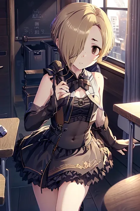  best quality,  high definition ,slender、 small face 、,School、classroom、 black bra、  black panties 、, (((Shirasaka Koume,  blonde hair ,  hair covering one eye ,  shorthair,  Brown Eyes ,  flat chested)))