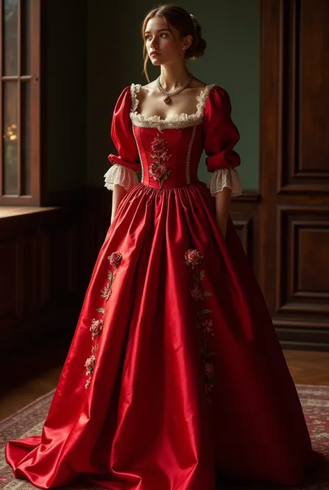  15th century dress, dazzling bright red, with hand embroidered flowers. Well accentuated to the body. Image of the entire dress. Real. In a room with dark wood furniture.