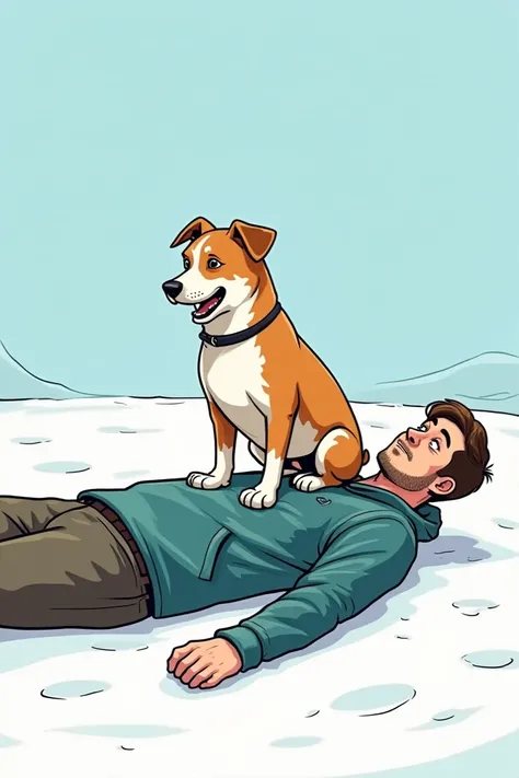 A dog sits on a man lying on his back on snowy ground
(Comic style)