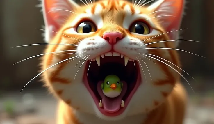 
zoom view orange cat face opening wide mouth wide front view. Inside the cats mouth was a small green and white bird