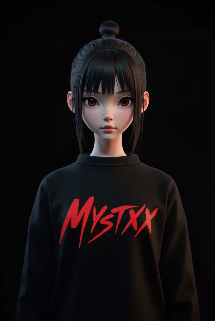 cute 3d korean girl tied hair , with evil eyes , on her black shirt written "mystxx" with red letters