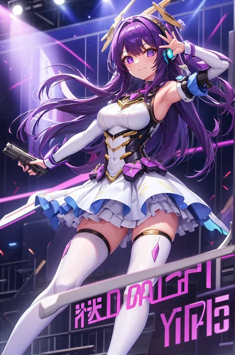  smiling、mecha wing、Thighs、tights、chest、 Shiny Purple Hair 、 1 girl、 solo girl 、 Headphones 、idol dress、idol skirt、mecha girl、I have a white armor 、 BLUE MINI SKIRT 、 has a handgun,hand gun