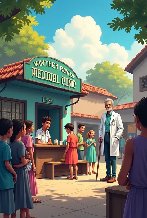 

Rohans clinic with a banner: Rohans small but bustling clinic, with a banner reading "Free Medical Care for the Needy," surrounded by patients of all ages and Mayor Jain proudly watching from a distance.
Rohan Evans: A fair  26 year-old British doctor   ...