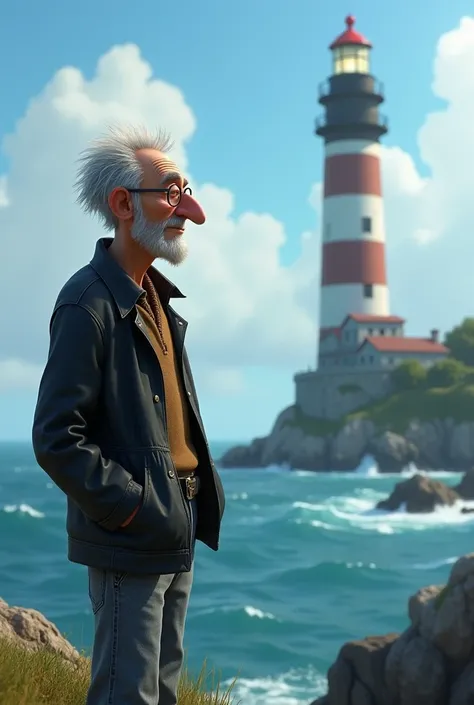 Homme soixante ans regarde la mer. Near a lighthouse .
Il a les cheveux gris  très courts, des petites lunettes. unshaven. Grand nez. Visage fin.
Il porte une veste noire et un jean gris. Il est grand et mince. Mains dans les poches. 

Style Pixar.