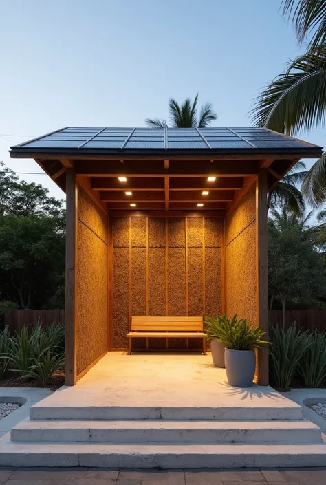 Covered bus stop with design that reflects Yucatecan culture and minimalist materials, with seats,  with solar panels on the top  ,  with wooden trellises that cover the sides like walls , lamps that illuminate the interior and planters on the sides 