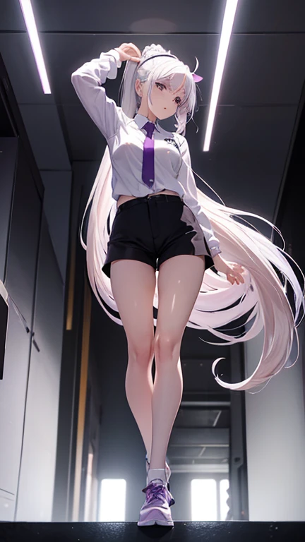 1 girl, medium breasts, purple eyes, ((( white hair))), hair accessories, tall, young, equipment-sword, long hair, tie hair, indoors, black shorts, lift your legs up, low ponytail