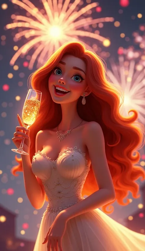  A woman styled in Disney Pixar style , celebrating New Year .  She has fair skin and long, wavy red hair , that shine with the light of the fireworks . with a radiant smile,  she holds a glass of champagne while the fireworks illuminate the sky in the bac...