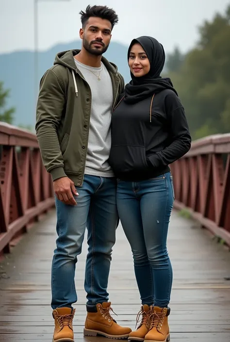 A maskulin man wearing tshirt hoodies and old jeans. Timberland boots. Olive skin. Big eyes and sexy lips. Standing In a bridge with beautiful girl with tight jeans. Full hijab. Nice body . Large breast and big butts. Both of them Look at camera. Standing ...