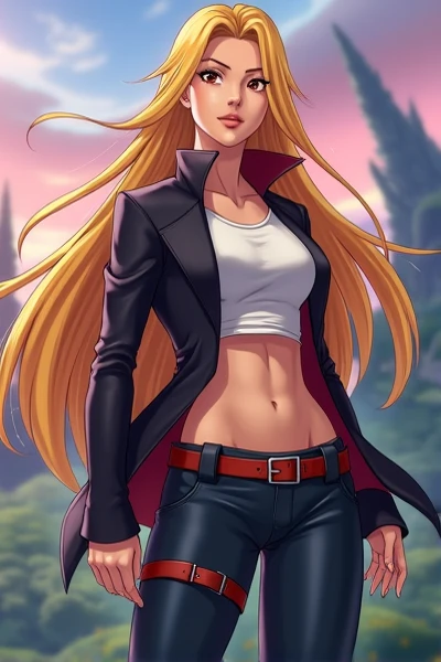 Physically fit woman with long blond hair anime version 