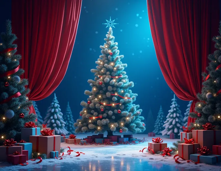 background image for an invitation to a Christmas dinner that has blue and red colors, Let the backstage come out , Christmas tree Christmas things that dont come out in the middle 