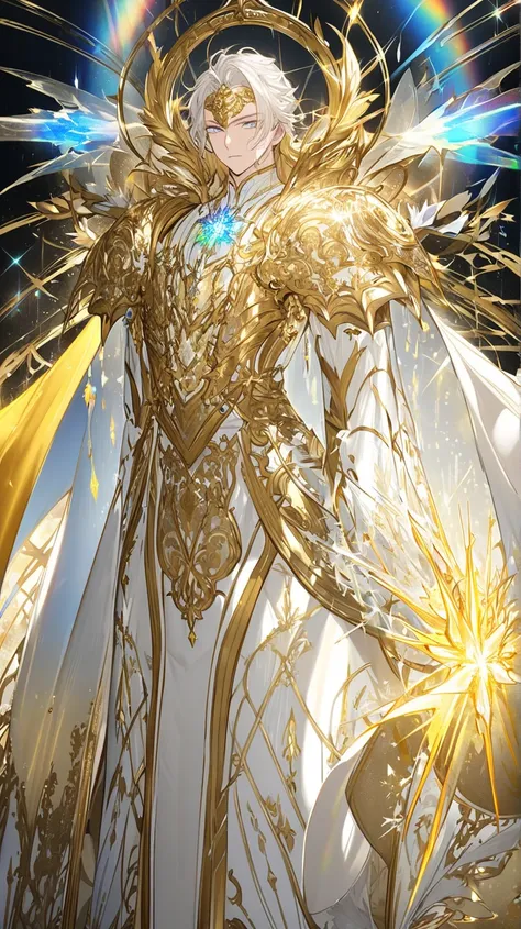  Solon is the personification of heavenly brightness and illuminated purity .  His armor shines like polished gold , with translucent crystal details that refract light into a vibrant rainbow. In the center of the chest,  there is a large solar emblem ,  w...