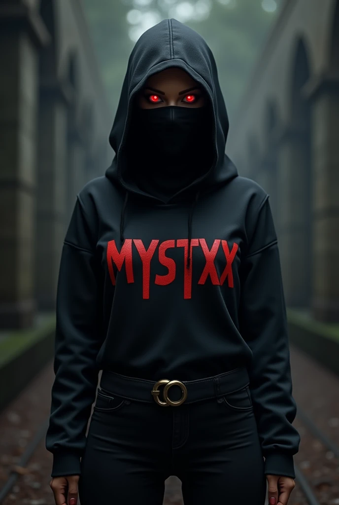 3d ninja woman with mask , with evil red eyes , on her black shirt written "mystxx" with red letters