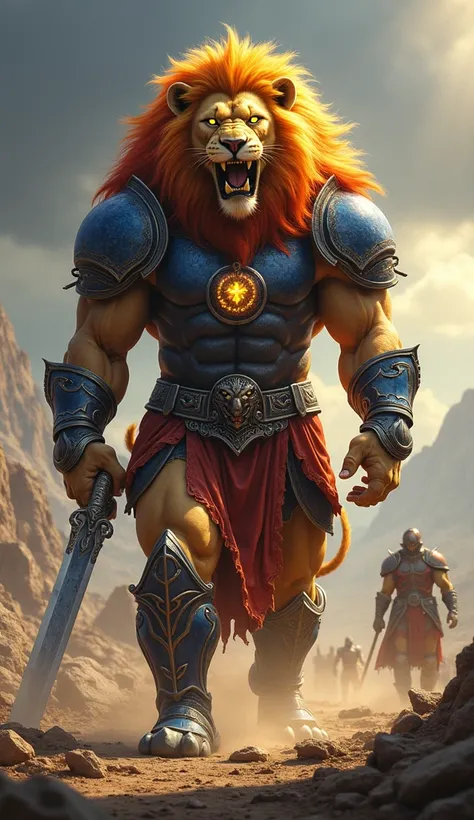 "Ultra realistic, hyper-detailed image of a lion fused with a human, full-body anthropomorphized figure radiating power and majesty. The character has a monstrously strong, muscular, and highly vascularized physique, with skin and fur textures blending sea...