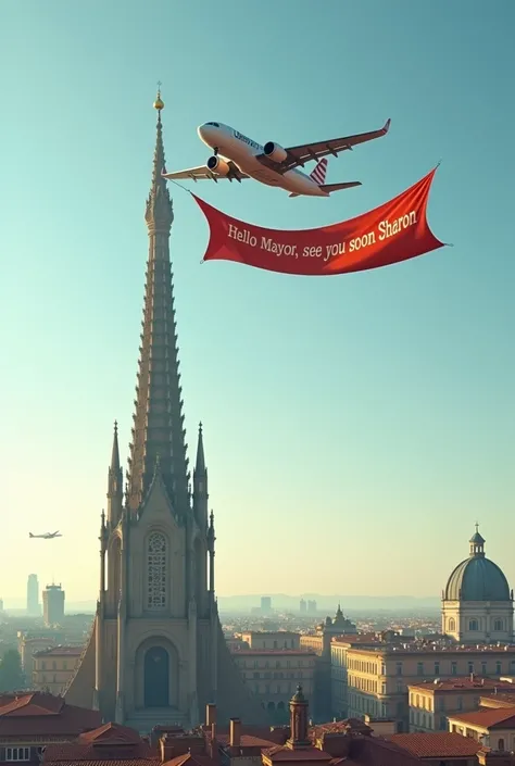 In the background there is the Mole AAntonelliana monument in Turin and in the sky a plane that flies away and has a banner on its tail that says: Hello Mayor ,  see you soon Sharon 