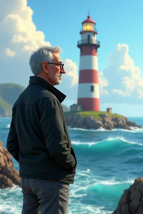 Homme soixante ans regarde la mer. Near a lighthouse .
Il a les cheveux gris  très courts, des petites lunettes. unshaven. Grand nez. Visage fin.
Il porte une veste noire et un jean gris. Il est grand et mince. Mains dans les poches. 

Style Pixar.