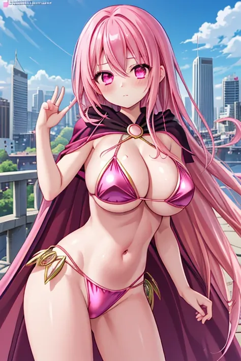 1girl, best quality, looking at viewer, kawaii, shiny skin, shiny clothes, pink bikini armor, super heroine, navel, midriff, bare stomach, (cloak:1.2), fantasy, huge breasts, long hair, pink hair, wavy hair, pink eyes, fighting style, blush, closed mouth, ...