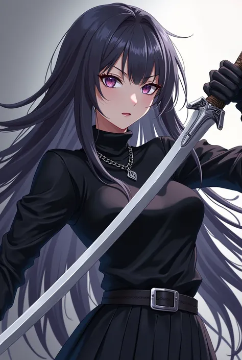 a very sharp 18-year-old female hybrid , with long and dark hair, wearing black clothes,  with a silver-colored sword , bastante afilada peleando a a very sharp 18-year-old female hybrid ,  with long white hair , wearing black clothes,  with a long black c...