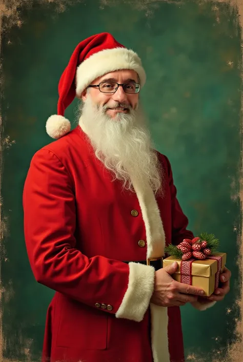 plan large : un homme, vêtue dun habit rouge et dun bonnet de père Noël, elle tient un paquet-cadeaux, en souriant. style leyendeckeret, dans une tenue de pere noel dépoque , vêtements victoriens, bel art rétro – décor de fond mur avec des moulures vertes ...