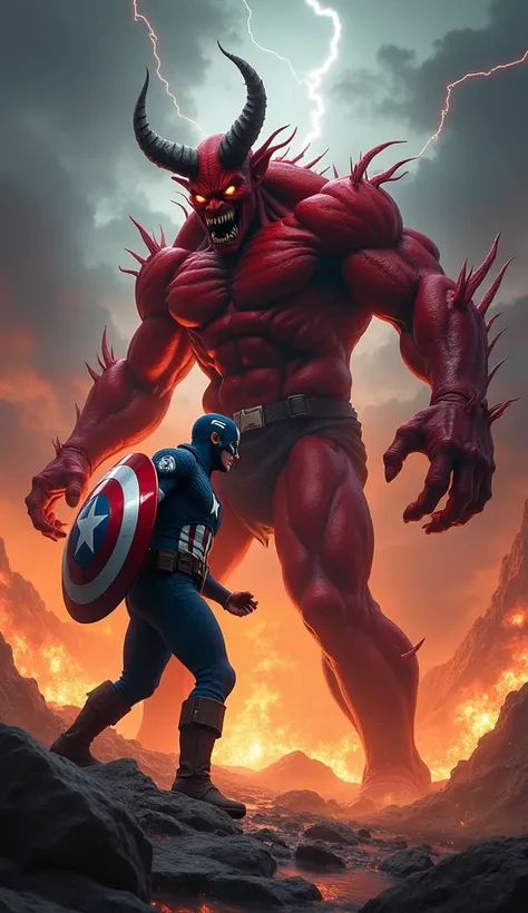 "A fierce showdown between a demon and Captain America, both locked in an intense, angry stare. The demon is towering, with red skin, glowing eyes, horns, and dark, menacing features, while Captain America stands firmly in a heroic posture, shield raised a...