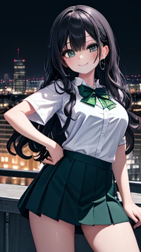 (8k、 Max Image、  best quality 、  Masterpiece )、 detailed face 、 one girl、Improve、 black hair、 long hair、 wavy hair、  Grey Eyes 、 Evil Smiles 、((Green))、 Big Breasts 、(( white shirt))、 clevis、 bow tie 、Short sleeve、((  Mini Skirt))、 cowboy shooting、(( night...