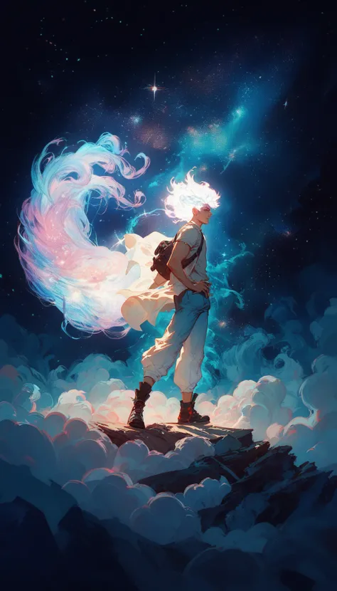 A heroic figure with flowing white energy erupting skyward, their silhouette sharp against a starry expanse, wearing modern casual clothes, illuminated by cosmic light, surreal, vibrant, high detail, (boy), (white glowing hair)