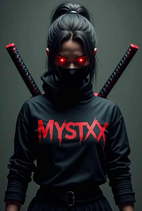 3d ninja woman tied hair , with mask , with evil red eyes , on her black shirt written "mystxx" with red letters , two sword in her back