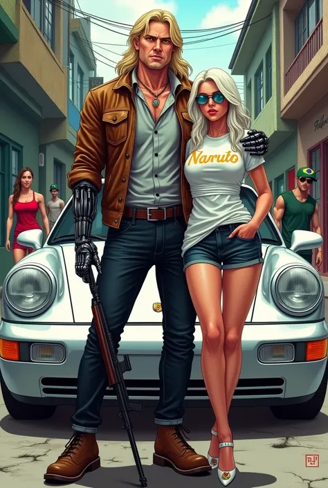 make a strong man,  with long blond hair , robotic hands,  dressed in a brown leather jacket , dress shirt with buttons ,  black pants , Standing next to a silver Porsche car in the background is a blond woman with almost white hair dressed in a white t-sh...