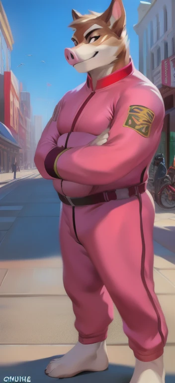 Solo, Ninja Warrior,female Tall​, standing, street,Kung Fu Masterpiece,Pig ,pink military spacesuit, overweight, big muscular, smirking, by chunie